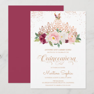 Invitación Floral de oro Rosa Tiara y mariposa Quinceanera