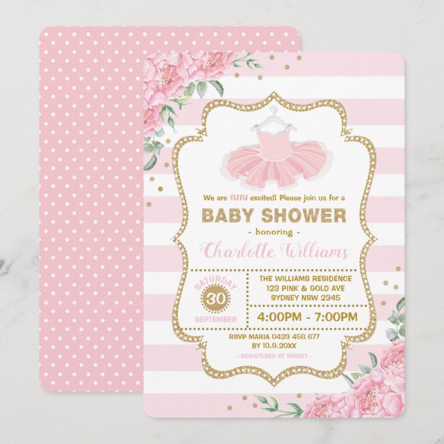 Invitación Floral de oro rosa Tutu Ballerina Chica Baby Showe (Anverso / Reverso)