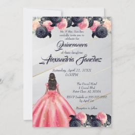 Invitación Floral de oro rosa y azul Quinceanera