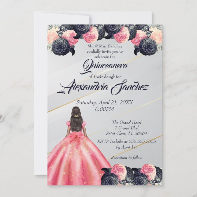 Invitación Floral de oro rosa y azul Quinceanera (Anverso)