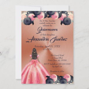 Invitación Floral de oro rosa y azul Rosa Quinceanera