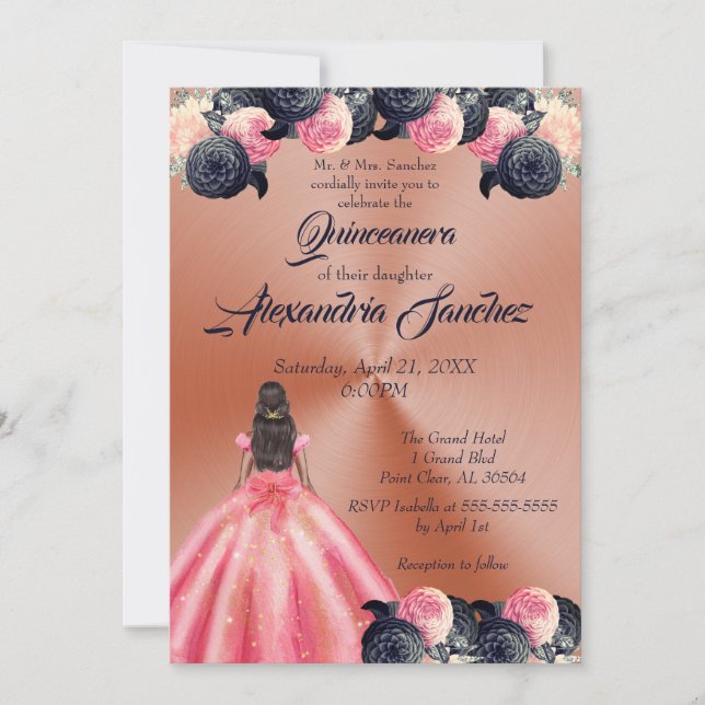 Invitación Floral de oro rosa y azul Rosa Quinceanera (Anverso)