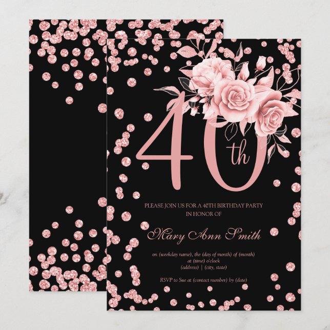 Invitación Floral de oro Rosa y Confetti 40 cumpleaños negro (Anverso / Reverso)