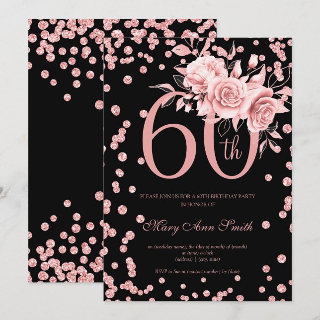 Invitación Floral de oro Rosa y Confetti 60 cumpleaños negro (Anverso / Reverso)