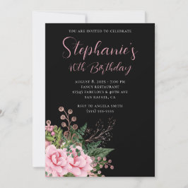 Invitación Floral de oro rosa y Rosa 40 cumpleaños negro