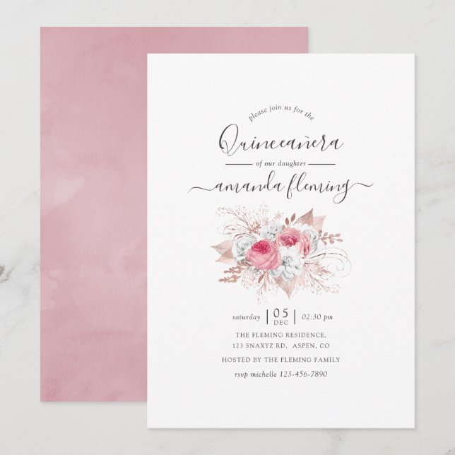 Invitación Floral de oro rosa y Rosa Quinceañera (Anverso / Reverso)