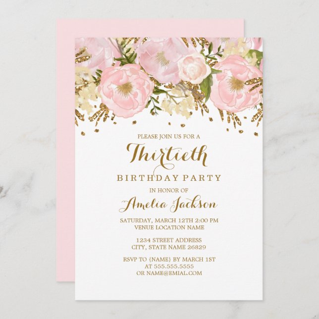 Invitación Floral de oro rosado de Rubor 30 cumpleaños (Anverso / Reverso)