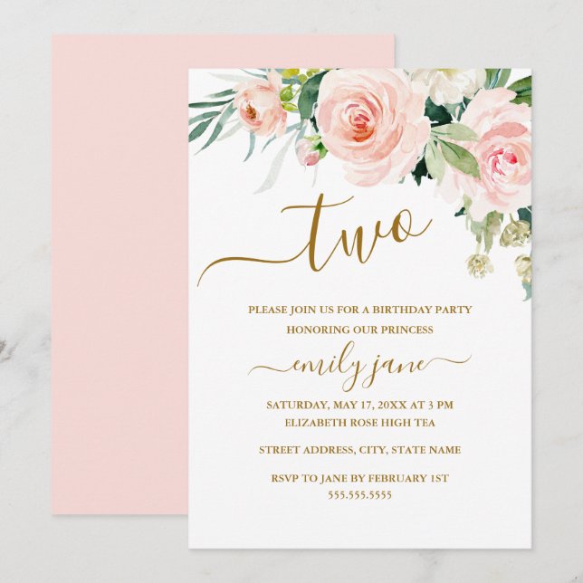 Invitación Floral de oro rosado Segundo Fiesta de cumpleaños (Anverso / Reverso)