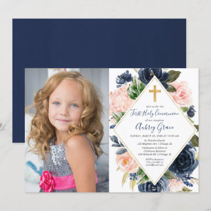 Invitación Floral de oro ruidoso de la marina Primera Comunió
