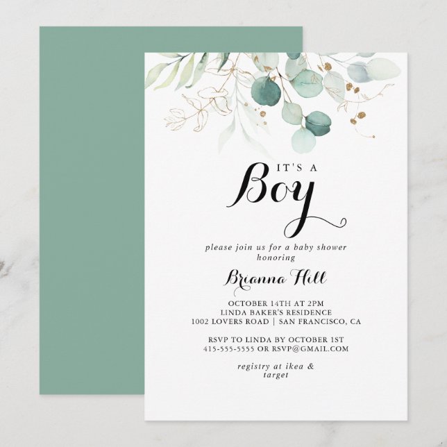 Invitación Floral de oro rústico es un niño Baby Shower (Anverso / Reverso)