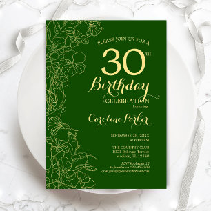 Invitación Floral de oro verde 30.º Fiesta de cumpleaños