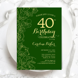 Invitación Floral de oro verde 40.º Fiesta de cumpleaños