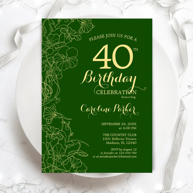 Invitación Floral de oro verde 40.º Fiesta de cumpleaños (Subido por el creador)