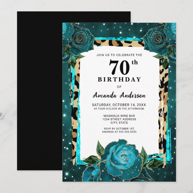 Invitación Floral de oro verde azulada Setenta y Setenta Cump (Anverso / Reverso)