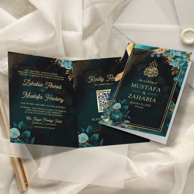 Invitación Floral de oro Verde azulado oscuro Código QR Boda  (Subido por el creador)