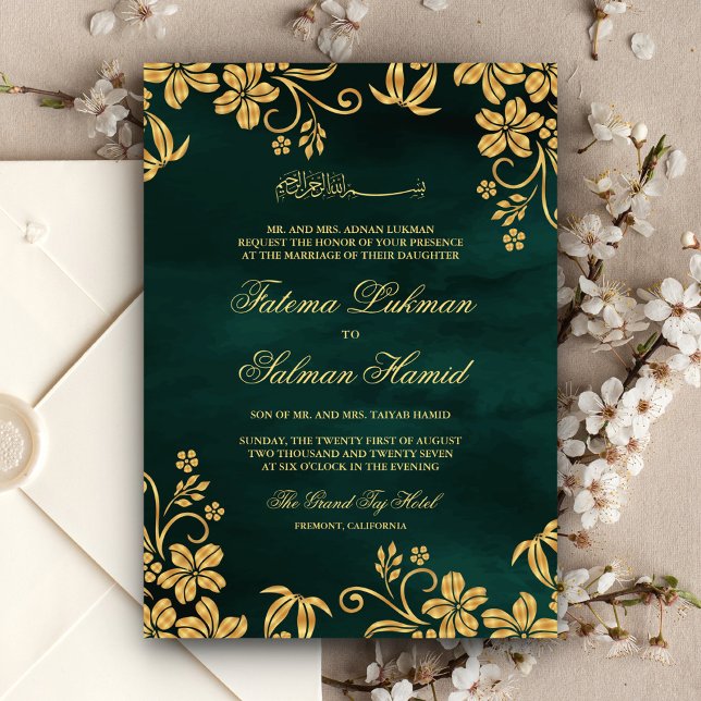 Invitación Floral de oro verde esmeralda Boda musulmana islám (Subido por el creador)