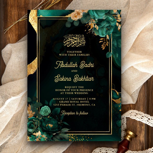 Invitación Floral de oro verde esmeralda Código QR Boda musul (Subido por el creador)