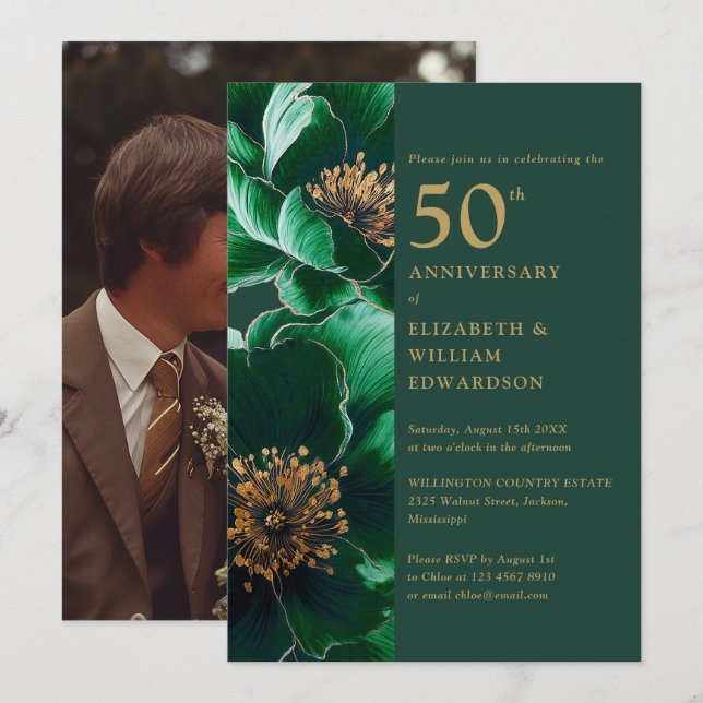 Invitación Floral de oro verde esmeralda en 50 años foto (Anverso / Reverso)