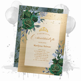 Invitación Floral de oro verde esmeralda Quinceañera