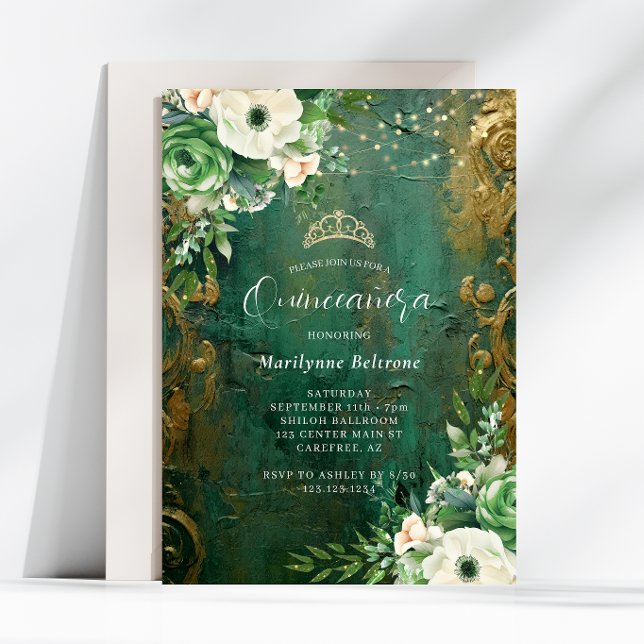 Invitación Floral de oro verde esmeralda Quinceañera (Subido por el creador)