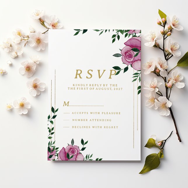 Invitación Floral de oro verde lila acuarela RSVP (Watercolor lilac green gold floral RSVP )