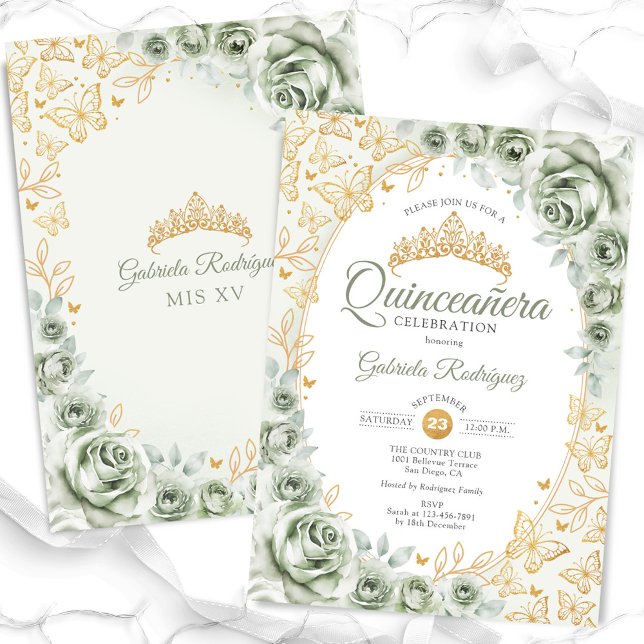 Invitación Floral de oro verde sabio Quinceanera (Subido por el creador)