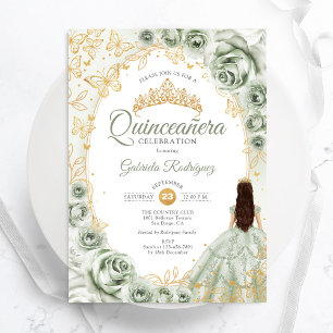 Invitación Floral de oro verde sabio Quinceanera