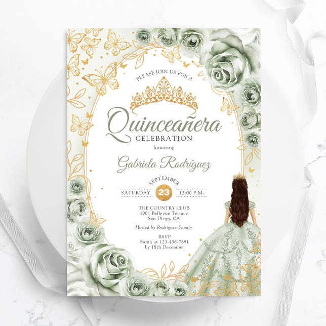 Invitación Floral de oro verde sabio Quinceanera (Subido por el creador)