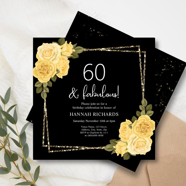 Invitación Floral de oro y amarillo negro 60 cumpleaños (Subido por el creador)