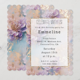 Invitación Floral de oro y azul púrpura femenino