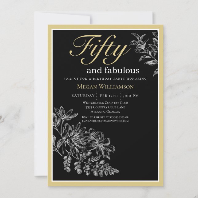 Invitación Floral de oro y negro 50 y fabuloso cumpleaños (Anverso)