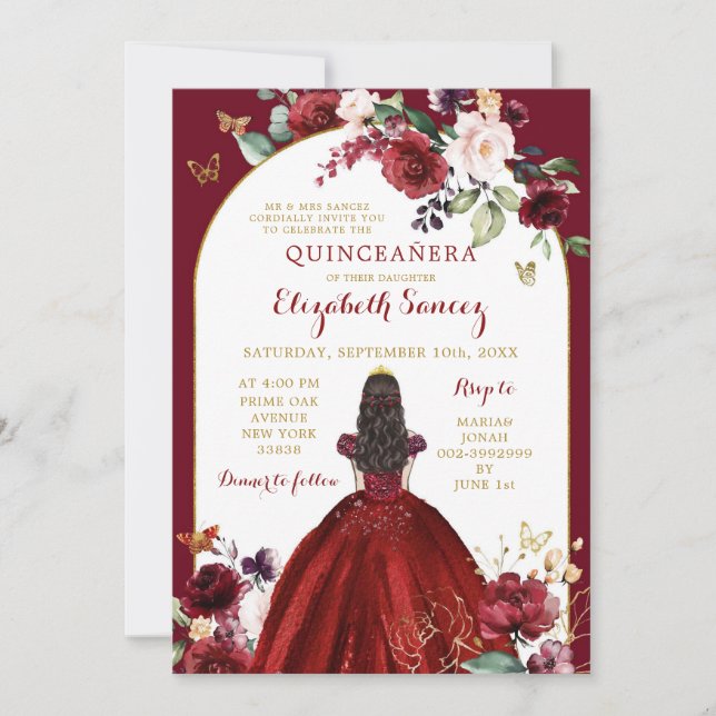 Invitación Floral de Oro y Roses Rojas Quinceañera (Anverso)