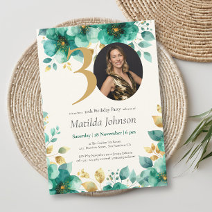 Invitación Floral de oro y verde esmeralda 30 cumpleaños