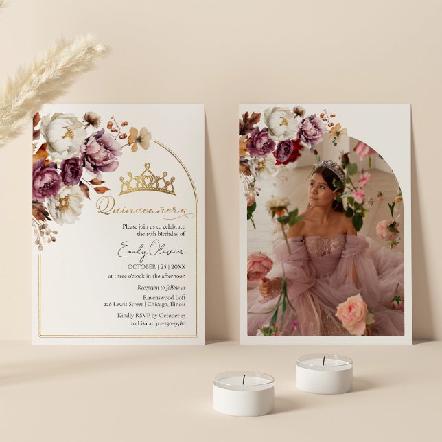 Invitación Floral de otoño borgoñesa foto de Quinceanera (Subido por el creador)