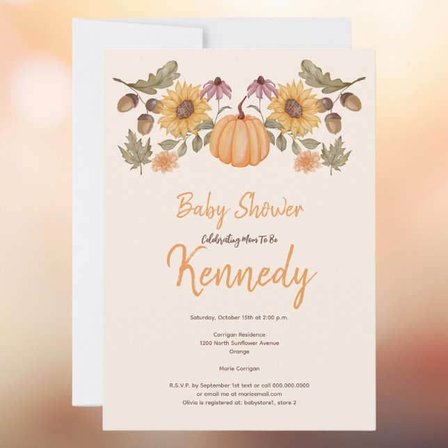 Invitación Floral de otoño de calabaza Baby Shower (Baby Shower to Honor A Mom To Be. Fall Autumn Pumpkin. Floral sunflowers.)
