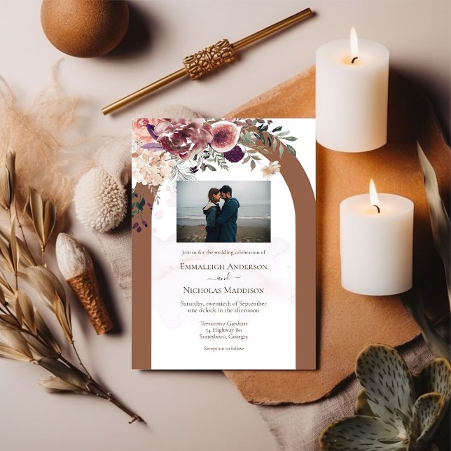 Invitación Floral de otoño de Terracotta con Boda fotográfico (Subido por el creador)
