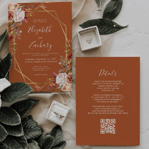 Invitación Floral de Otoño en Acuarela Naranja Quemado Boda D