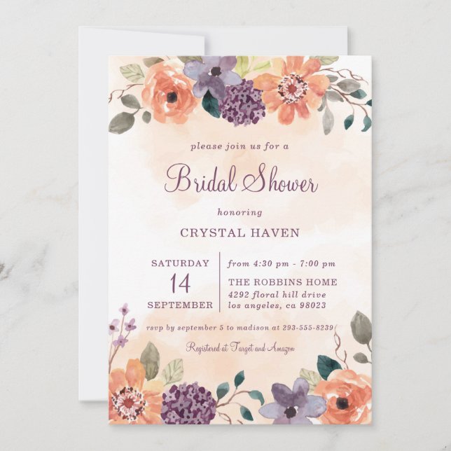Invitación Floral de otoño en morado y Naranja ducha de novia (Anverso)