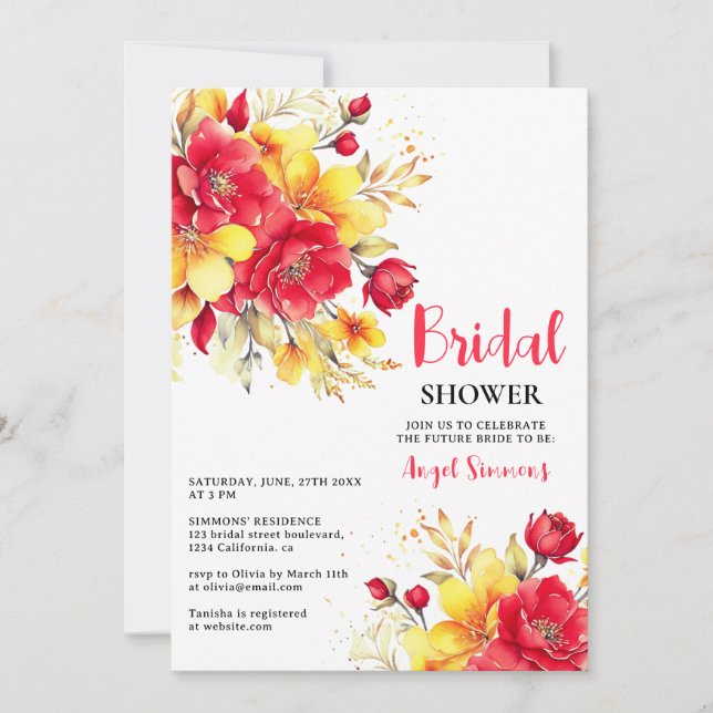 Invitación Floral de otoño rojo caliente brillante guión flor (Anverso)