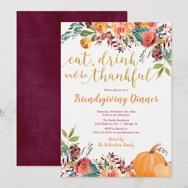 Invitación Floral de otoño rústico Amistad Cena (Anverso / Reverso)