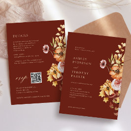 Invitación Floral de otoño rústico Boho Maroon Boda QR