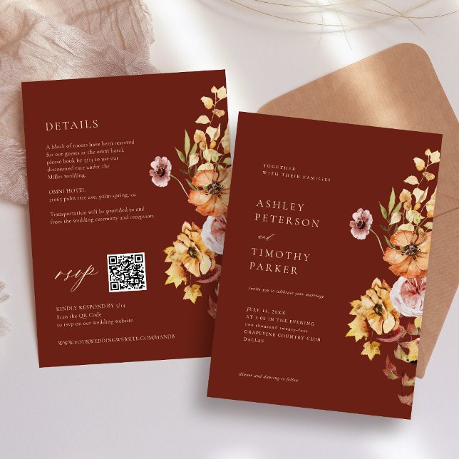 Invitación Floral de otoño rústico Boho Maroon Boda QR (Subido por el creador)