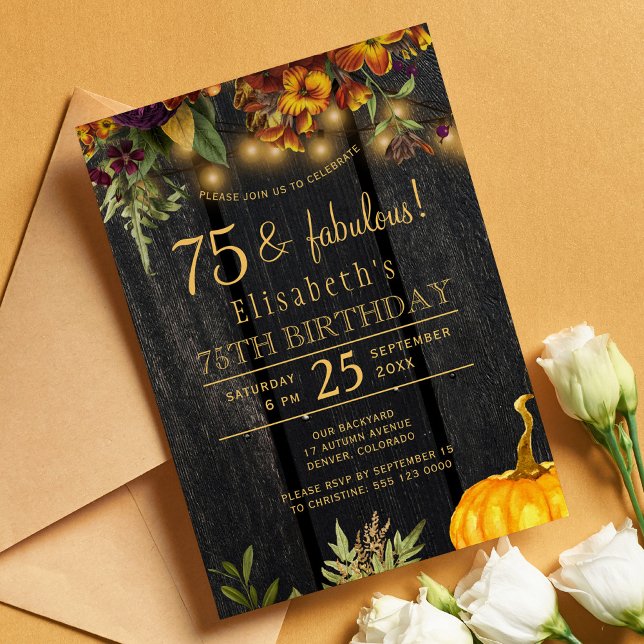 Invitación Floral de otoño rústico madera 75 años cumpleaños  (Subido por el creador)
