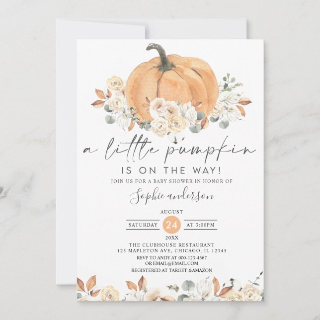 Invitación Floral De Otoño Un Pequeño Calabaza Cae En Baby Sh (Anverso)