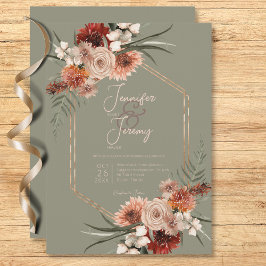 Invitación Floral de otoño verde de boho roya y seda neutra