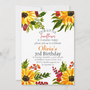 Invitación Floral de país de tercer cumpleaños Sunflower