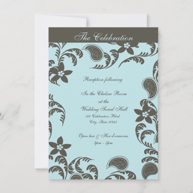 Invitación Floral de paisley azul y marrón (Anverso)