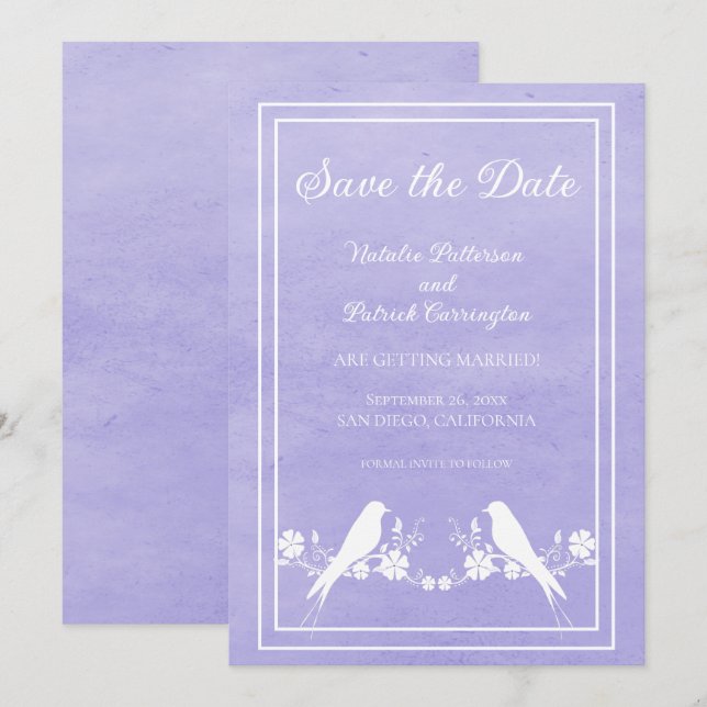 Invitación floral de pajarito de amor morado para  (Anverso / Reverso)