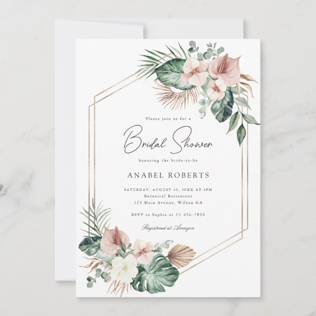 Invitación Floral de palma tropical Rubor ducha de novia geom (Anverso)