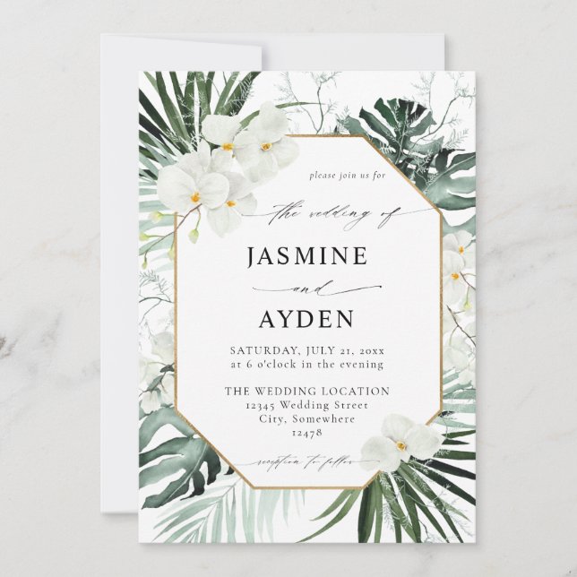 Invitación floral de palma y blanco tropical (Anverso)
